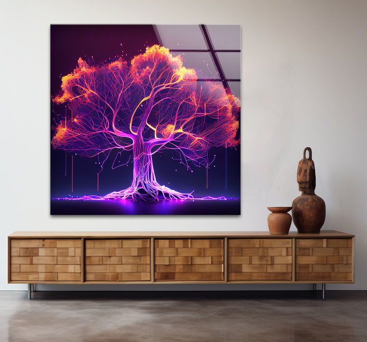Neon Digital Tree Wandkunst – Futuristischer leuchtender Lichtnetzwerk-Glasdruck