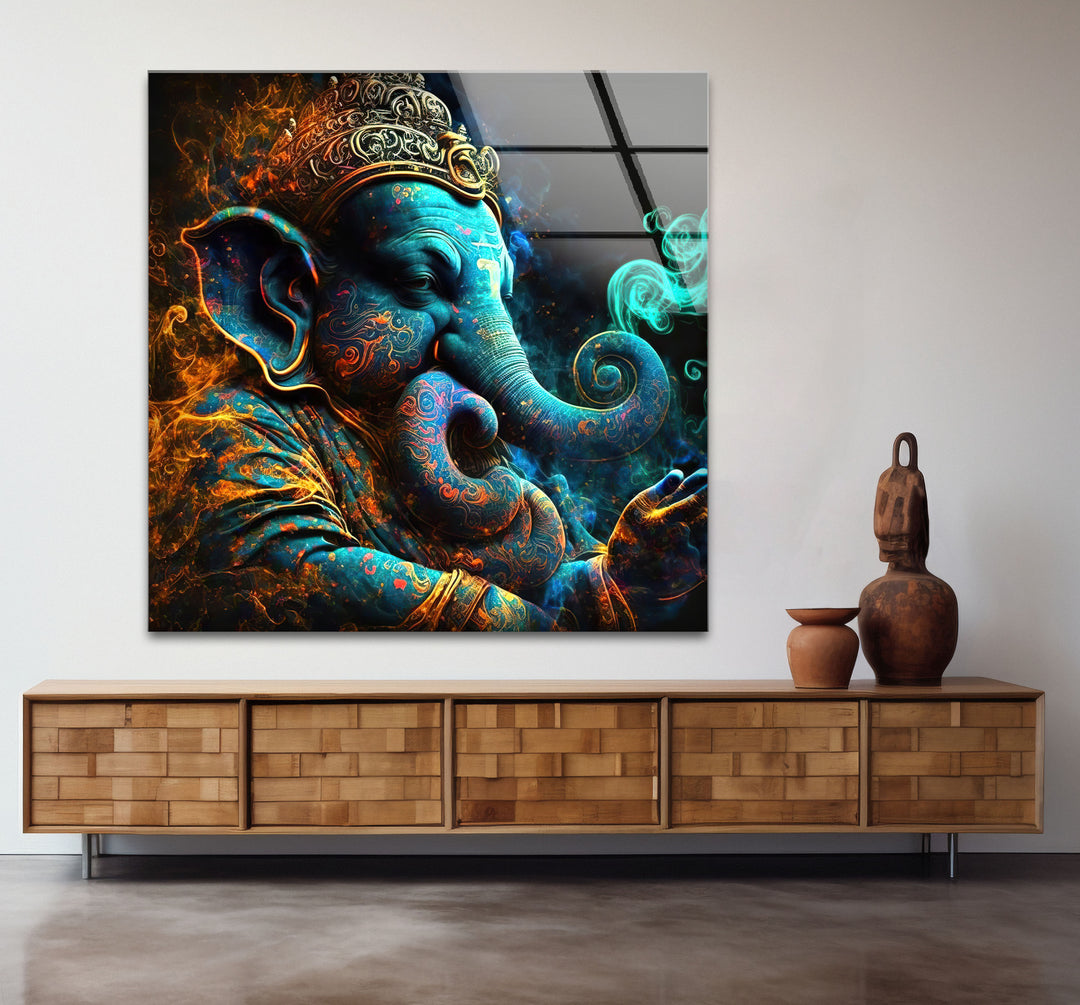 Spiritual Ganesha Wall Art – Vibrant Hindu Deity Glass Print Decor