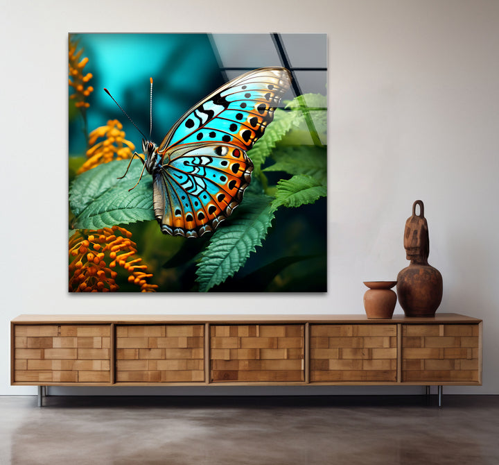 Blue Monarch Glaswandkunst – Lebendiger Schmetterling auf Blattdruck 