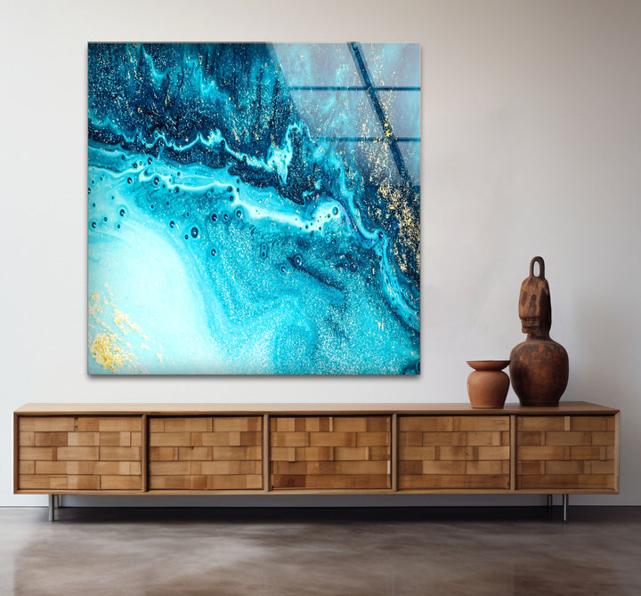 Blue and Gold Abstract Wall Art – Ocean-Inspired Glass Print Design