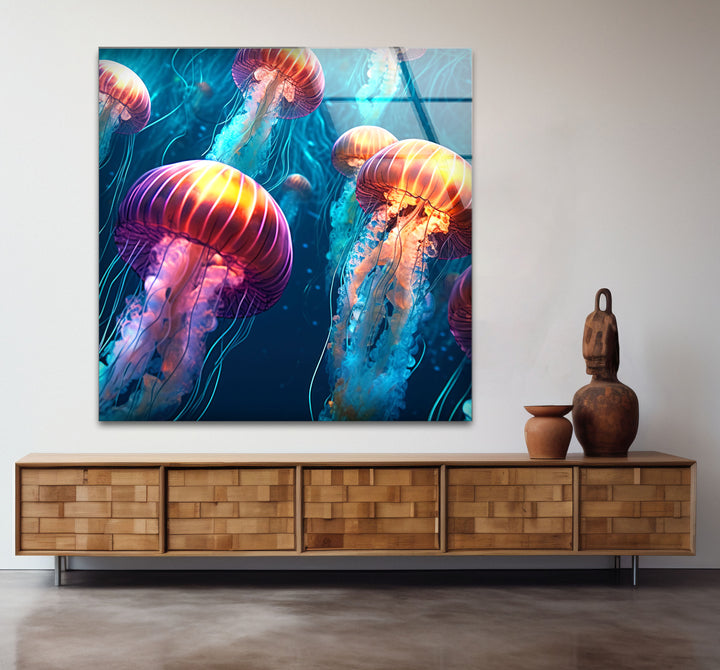 Leuchtende Quallen-Wandkunst – Unterwasser-Ozeanszene-Glasdruck