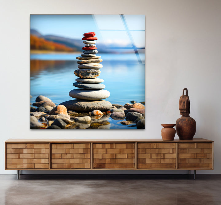 Stacked Stones Glass Wall Art – Tranquil Lake Balance Scene