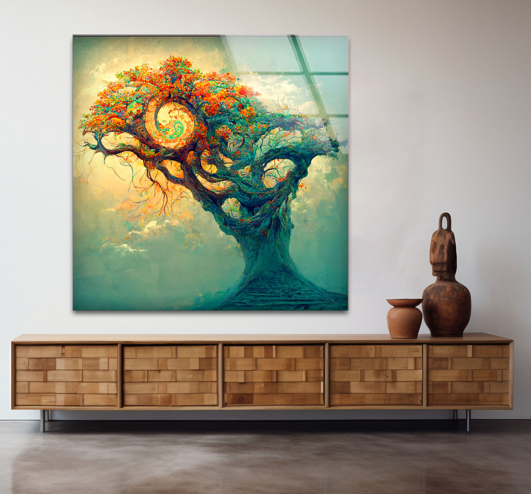 Spiralbaum-Wandkunst – Mystisches Fantasy-Lebensbaum-Glasdruck-Design