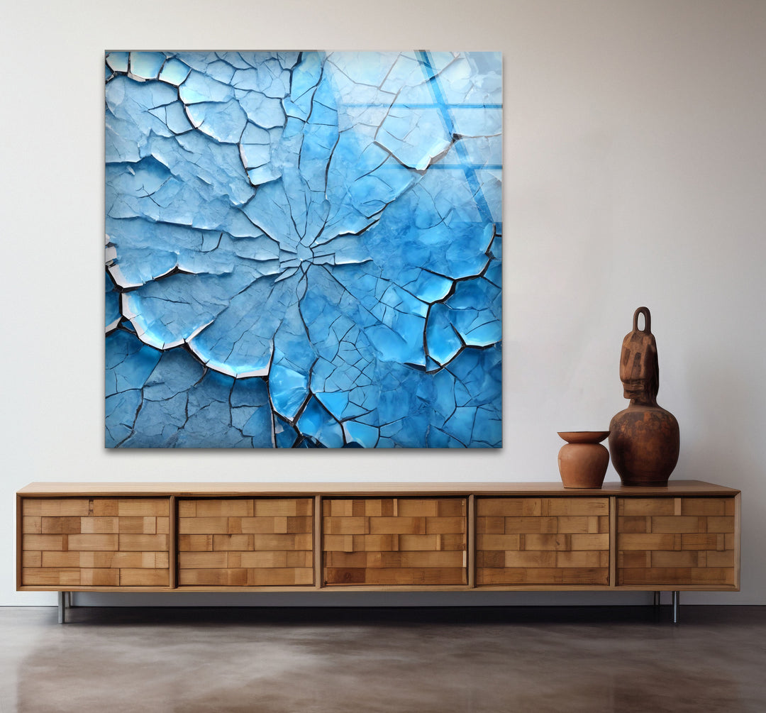 Cracked Ice Abstract Wall Art – Blue Textured Glass Print Design