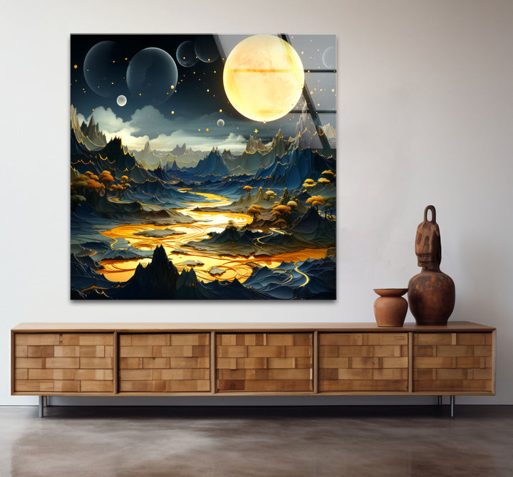 Fantasy Moonlit Landscape Wall Art – Surreal Glass Print with Golden River