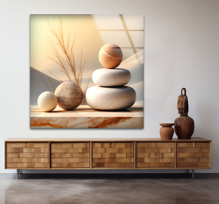 Zen Balance Glaswandkunst – Minimalistische Steinskulptur im Wüstenlicht 