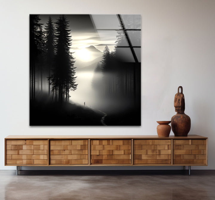 Foggy Forest Black and White Wall Art – Minimalist Glass Print Decor