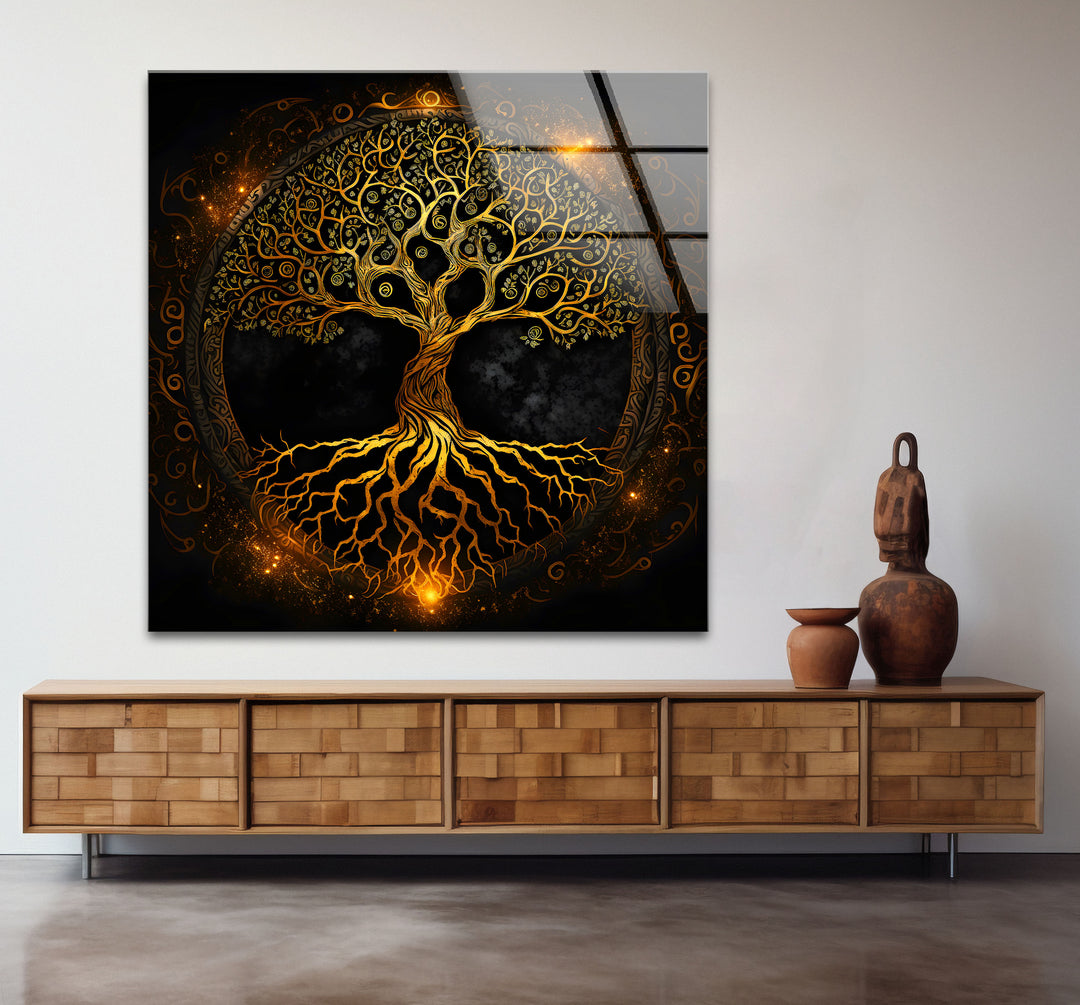 Wandkunst „Baum des Lebens“ – Leuchtendes goldenes Design mit Wurzeln und Zweigen auf Glas