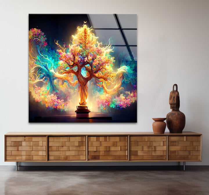 Fantasy-Baum des Lebens Wandkunst – Strahlendes, magisch leuchtendes Glasdruck-Design