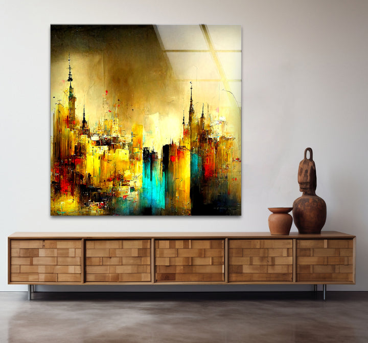 Abstract Cityscape Wall Art – Golden and Teal Urban Glass Print Design