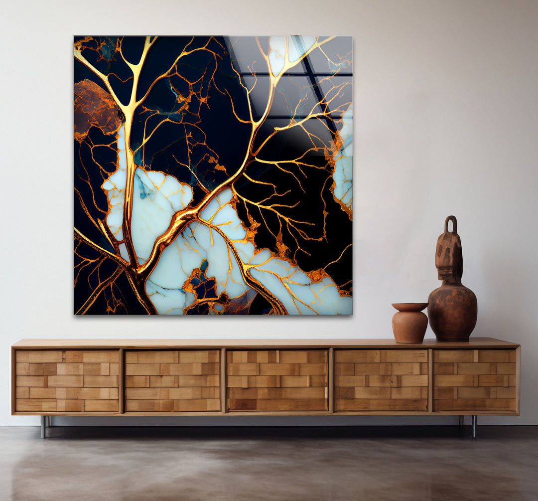 Electric Veins Abstrakte Wandkunst – Goldmarmor-inspirierter Glasdruck