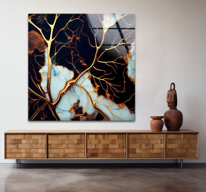 Electric Veins Abstrakte Wandkunst – Goldmarmor-inspirierter Glasdruck