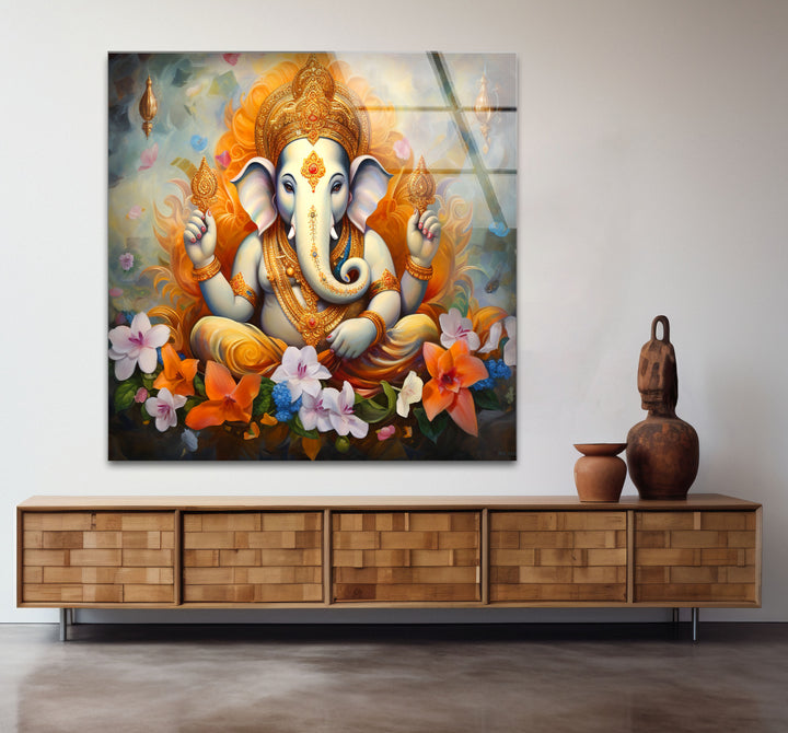 Sacred Ganesha Wall Art – Divine Floral Hindu Decor Glass Print
