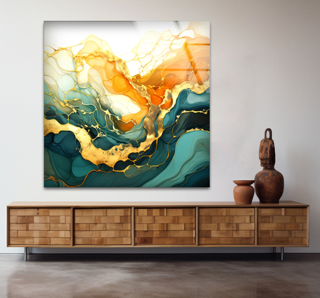 Golden Horizon Abstract Wall Art – Emerald & Gold Tempered Glass Print