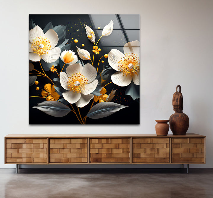 Elegant Bloom Glass Wall Art – White & Gold Floral Design