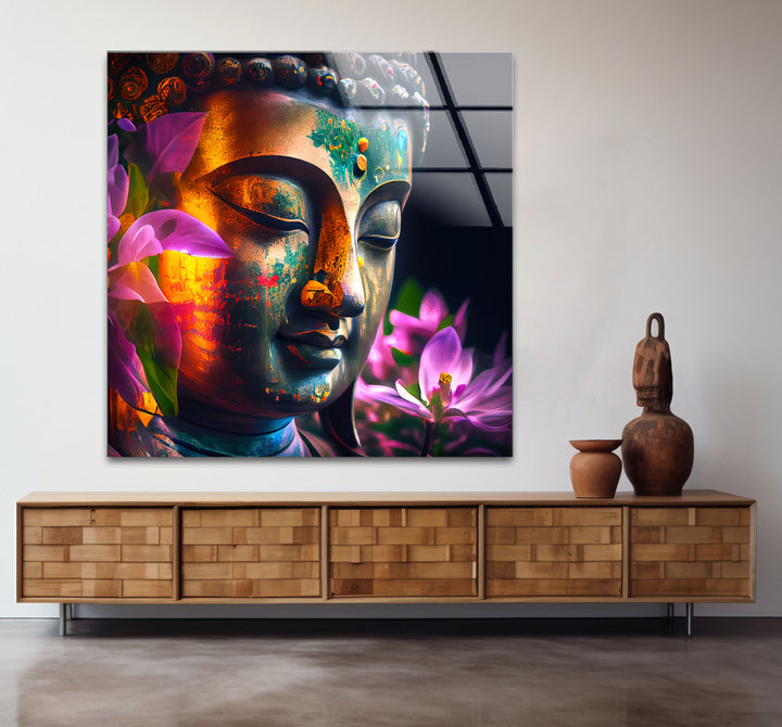 Colorful Buddha Wall Art – Floral Enlightenment Glass Print