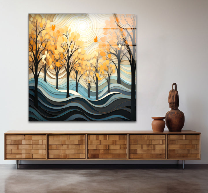 Golden Forest Glass Wall Art – Autumn Trees Abstract Landscape Decor