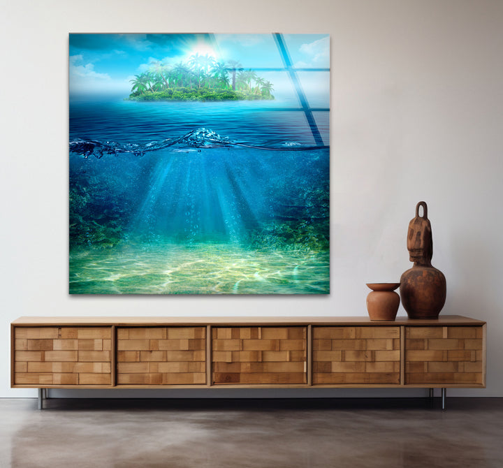 Tropical Island & Ocean Wall Art – Above and Below Water Glass Print