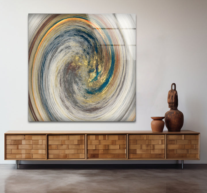 Golden Spiral Vortex Wall Art – Modern Abstract Swirl Glass Print