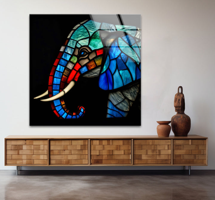 Blaue Elefanten-Wandkunst aus Buntglas – Farbenfrohes Tier-Glasdruck-Design