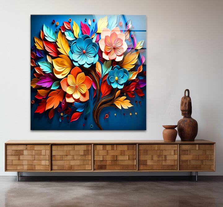 Lebendige florale Explosions-Wandkunst – Buntes Blumendesign aus gehärtetem Glas