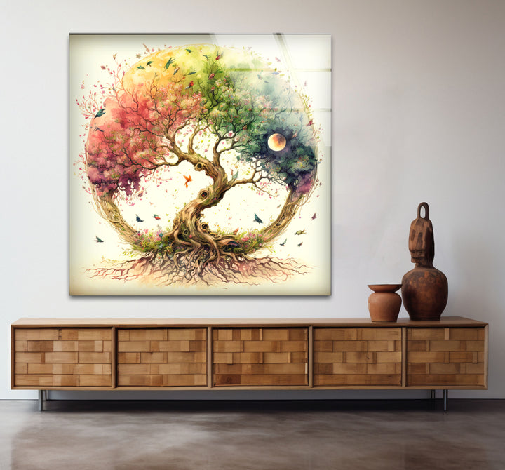 Regenbogen-Baum des Lebens Wandkunst – Wunderliches Aquarell-Glasdruck-Design