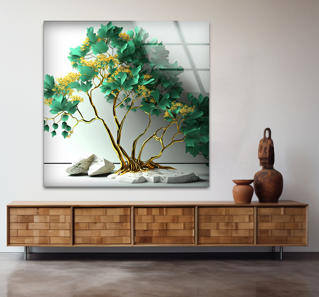 Elegante grüne Baum-Wandkunst – Goldener botanischer Glasdruck mit Marmorsockel