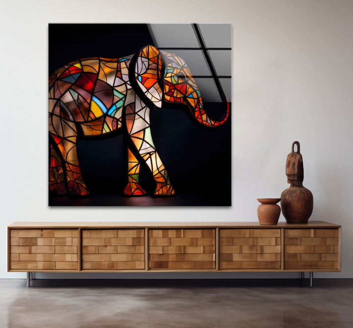 Stained Glass Elephant Wall Art – Colorful Animal Glass Print for Modern Decor