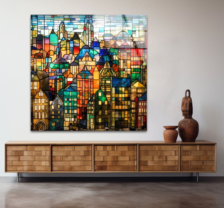 Bunte Stadtwandkunst aus Buntglas – Urban Skyline Glasdruck-Design