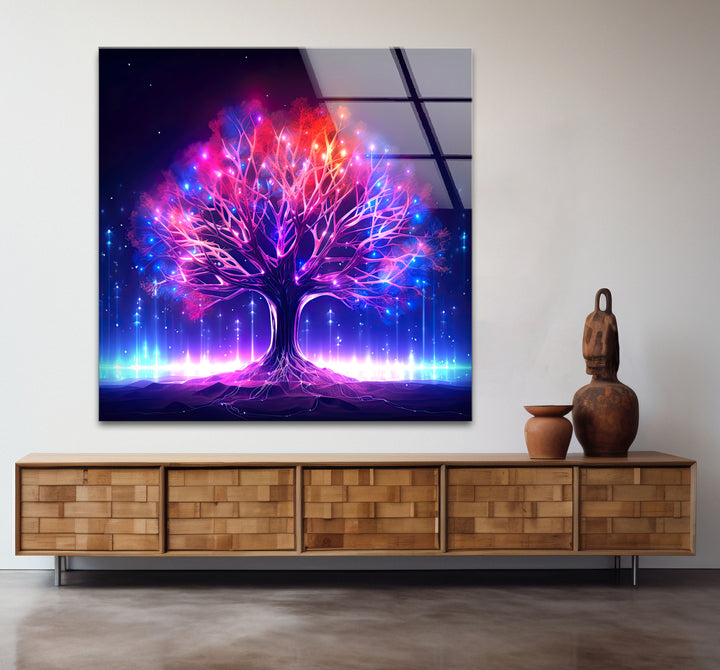 Leuchtende Fantasy-Baum-Wandkunst – Abstraktes Glasdruckdesign mit Neonlicht
