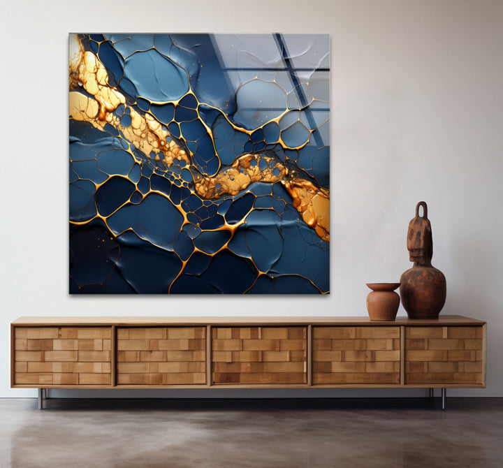 Dark Blue and Gold Abstract Wall Art – Cracked Fluid Glass Print Design
