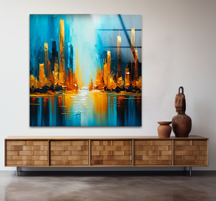 Blue and Gold Abstract City Wall Art – Vibrant Skyline Glass Print