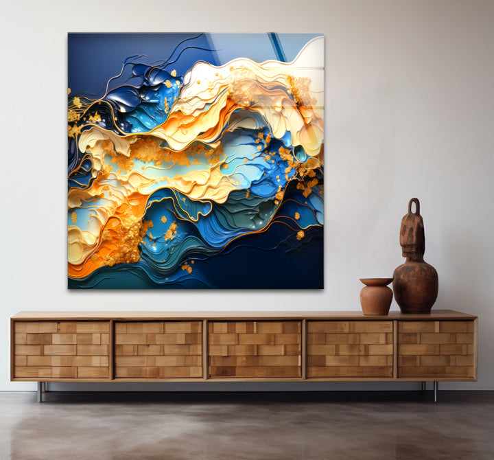Blue Gold Abstract Wave Wall Art – Modern Fluid Glass Print for Interior Elegance