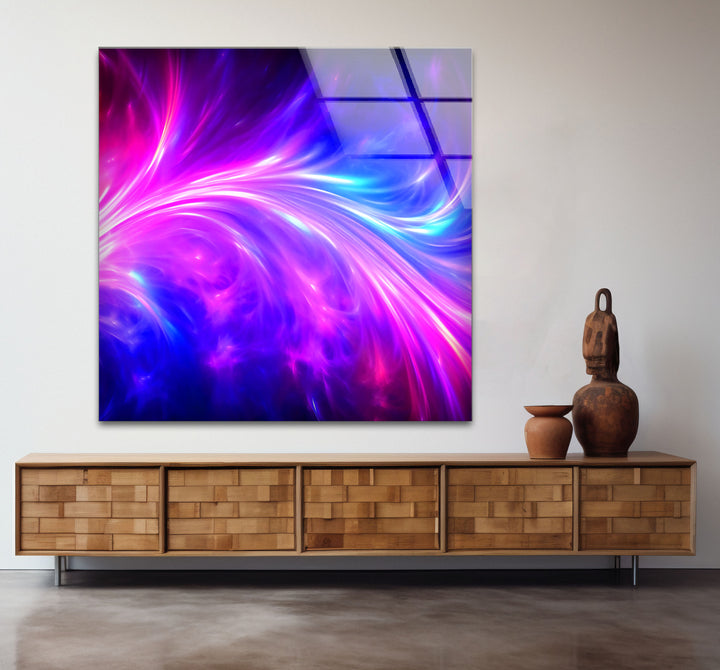 Wandkunst mit kosmischer Energie – Lebendiger abstrakter Glasdruck mit Neonwirbel 
