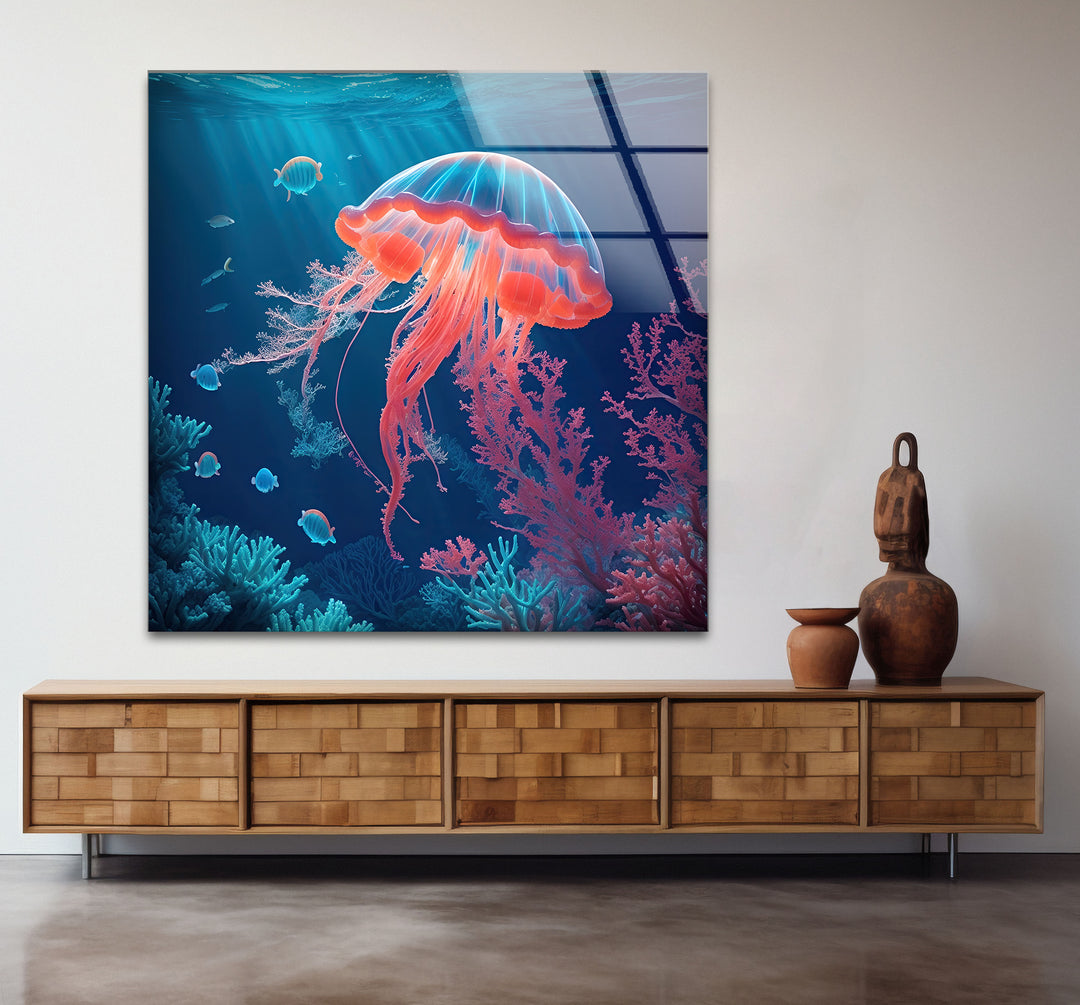 Neon Quallen Wandkunst – Unterwasser Ozean Szene Glas Druck Dekor