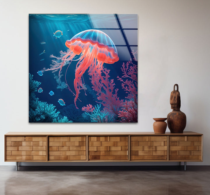 Neon Quallen Wandkunst – Unterwasser Ozean Szene Glas Druck Dekor