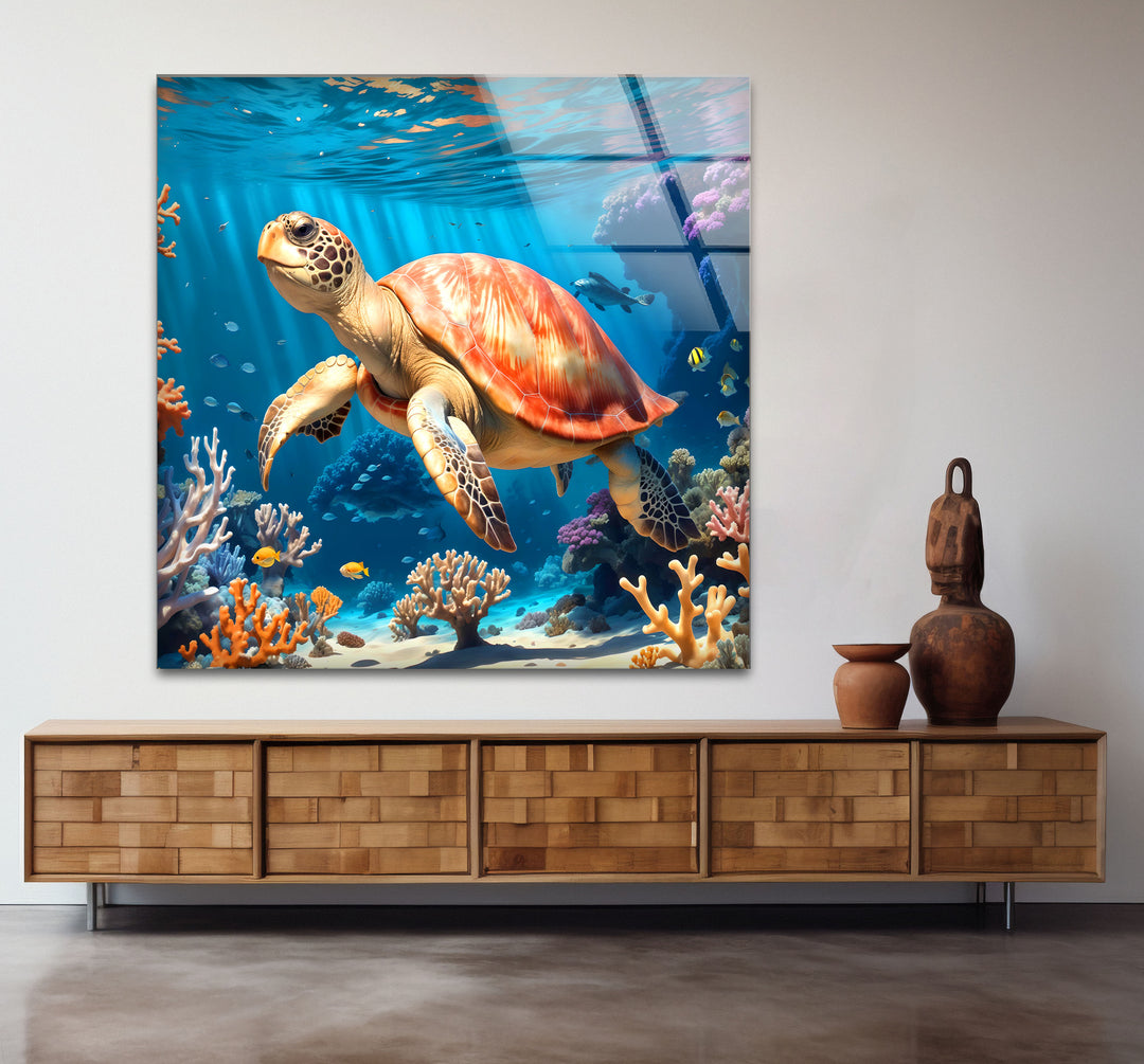 Sea Turtle Underwater Wall Art – Coral Reef Ocean Scene Glass Print