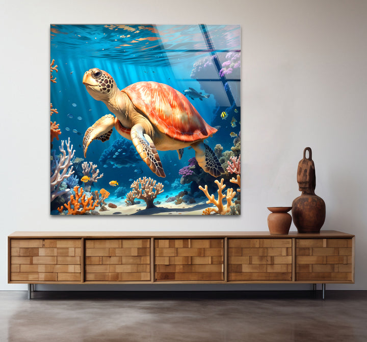 Sea Turtle Underwater Wall Art – Coral Reef Ocean Scene Glass Print