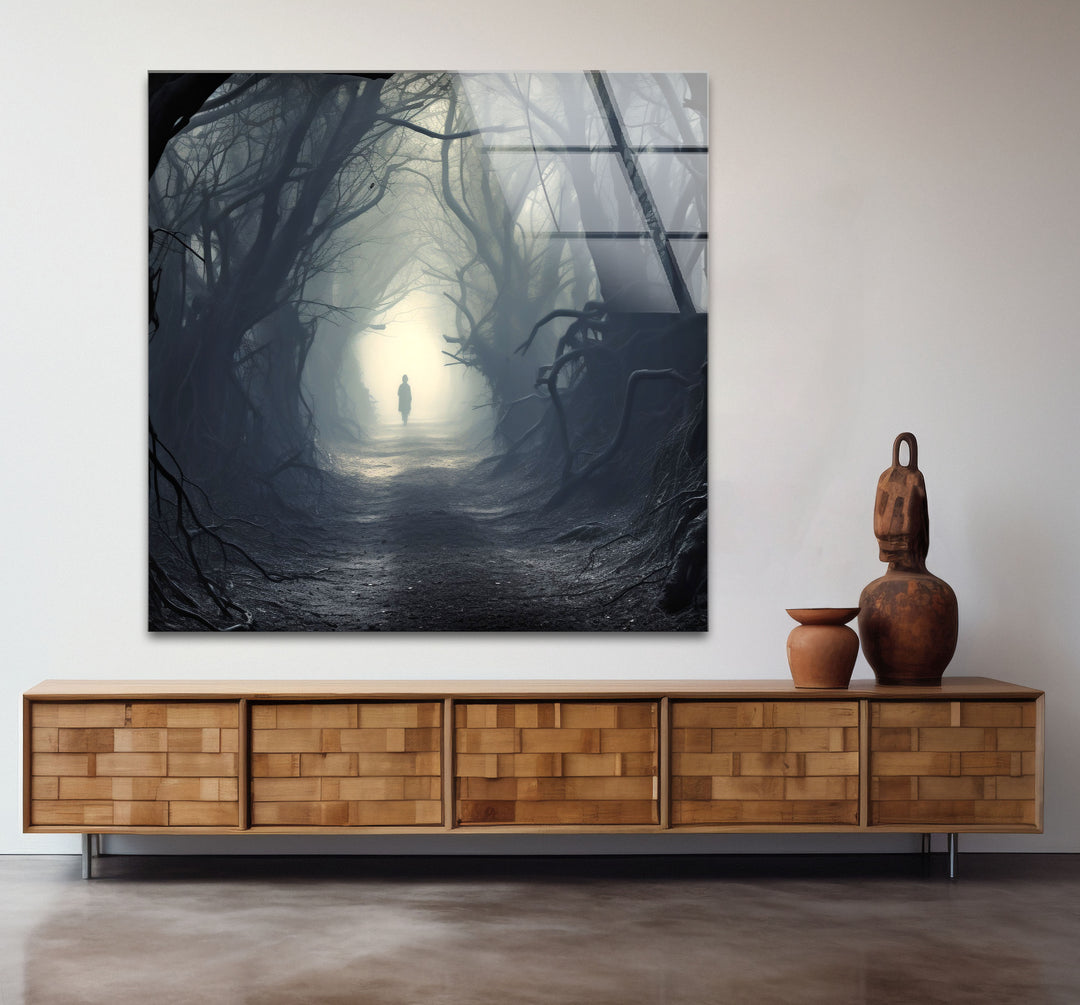 Geheimnisvoller Waldweg Wandkunst – Dunkler Fantasy-Glasdruck für die Inneneinrichtung 