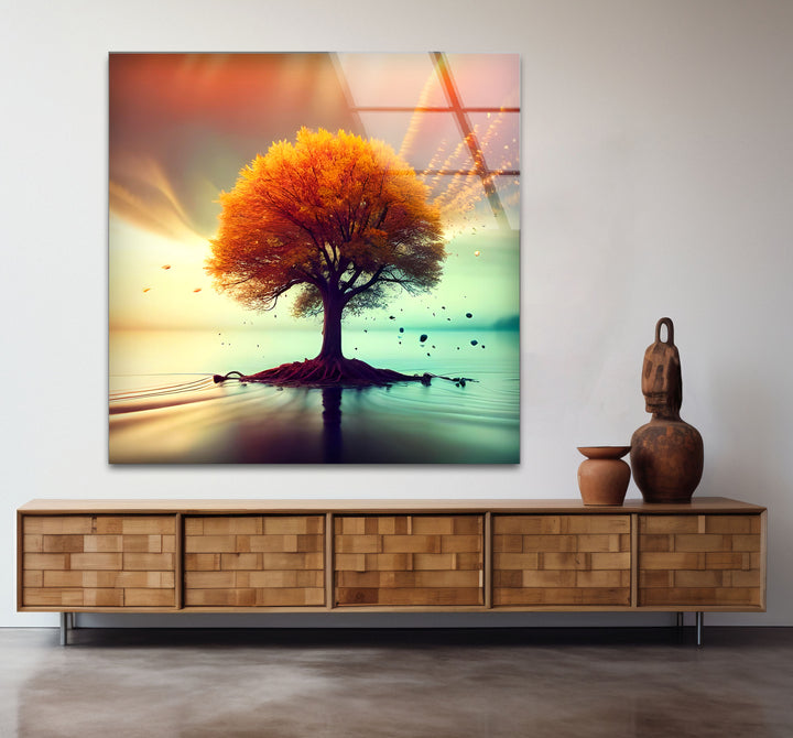 Schwebende Herbstbaum-Wandkunst – Ruhiges Landschafts-Glasdruck-Design