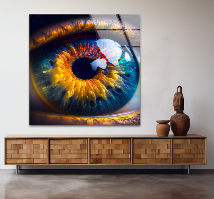 Feurige abstrakte Augen-Wandkunst – Lebendiges Iris-Glasdruck-Design