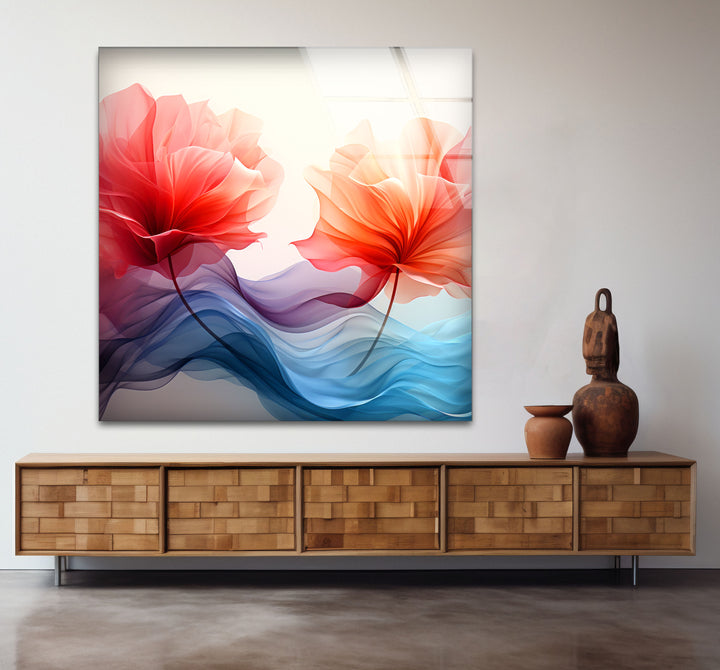 Twin Petal Flow Glass Wall Art – Abstract Floral Beauty in Motion