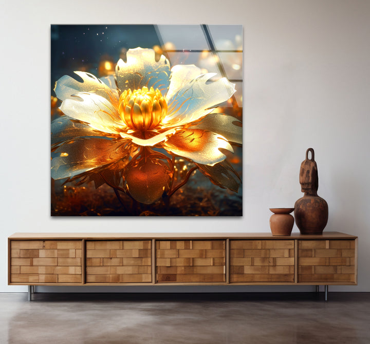 Golden Bloom Glass Wall Art – Luminous Abstract Flower Print
