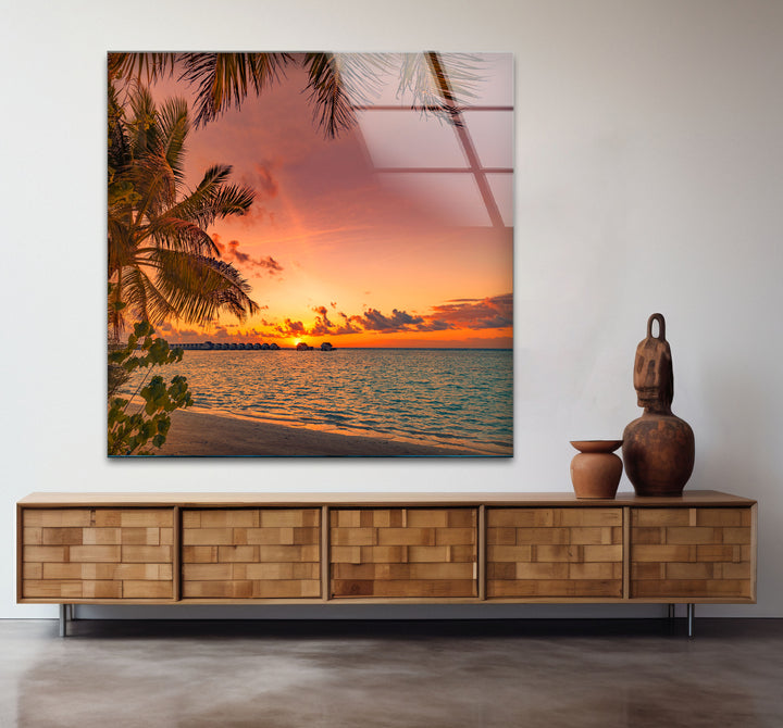 Tropical Sunset Beach Wall Art – Palm Tree Ocean View Glass Print