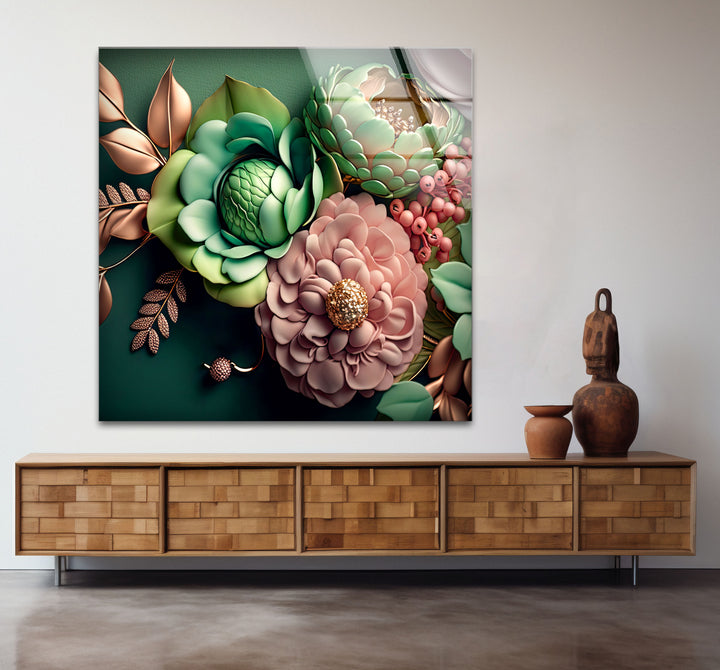 Grüne botanische Wandkunst – 3D-Blumendruck auf Glas mit goldenen und rötlichen Akzenten