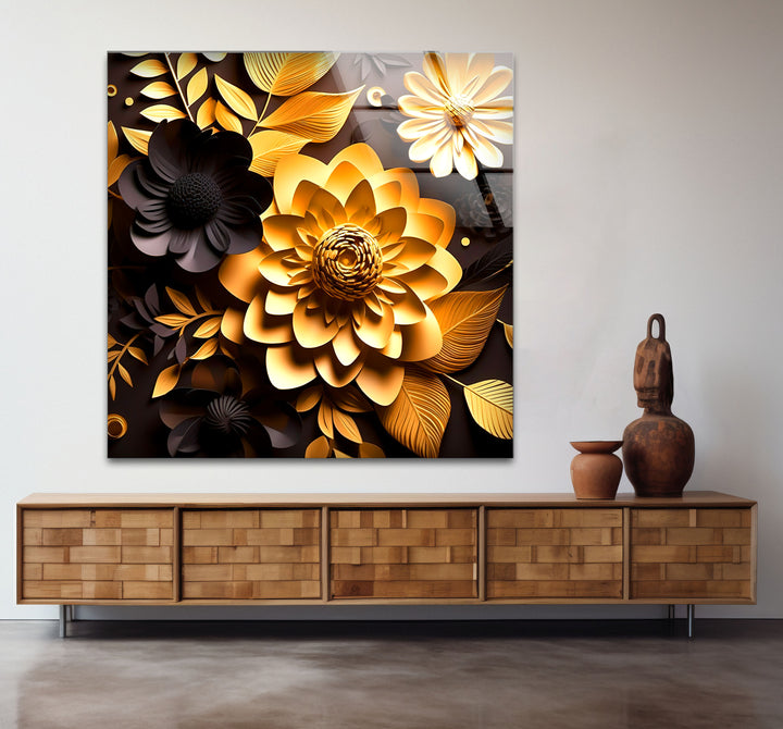 Golden Bloom Florale Wandkunst – Dekor aus gehärtetem Glas in Schwarz und Gold