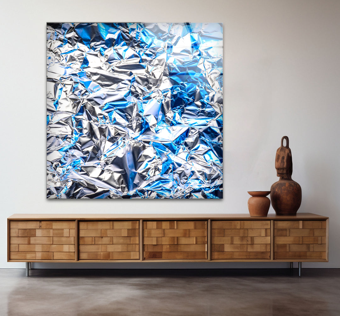 Crinkled Silver Foil Wall Art – Abstract Metallic Texture Glass Print