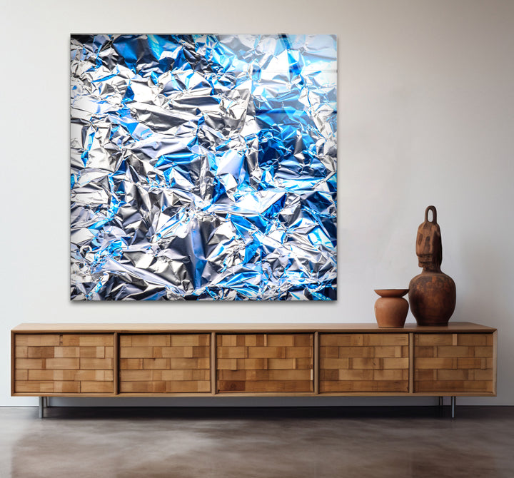 Crinkled Silver Foil Wall Art – Abstract Metallic Texture Glass Print