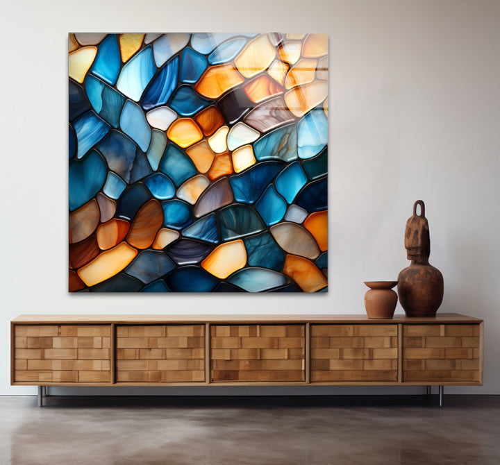 Wandbild mit Buntglasmuster – Abstrakter blauer und bernsteinfarbener Glasdruck 