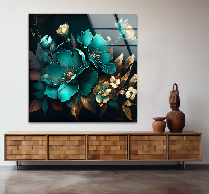 Blaugrüne und goldene florale Wandkunst – Luxuriöses botanisches Glasdruckdesign